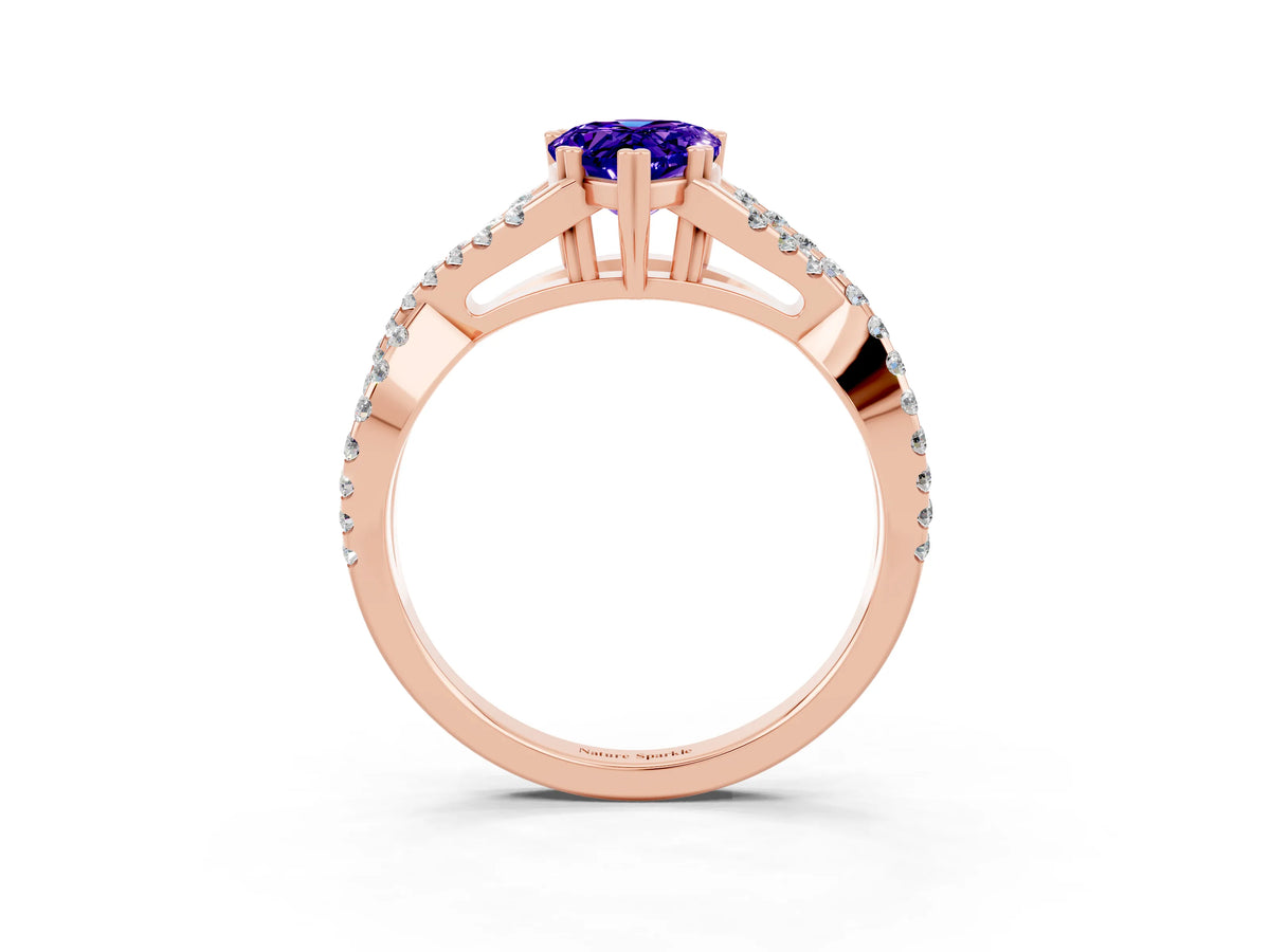 Pear Cut Tanzanite Solitaire Ring in Rose gold with Interwoven Pavé Band and Prong Setting_3