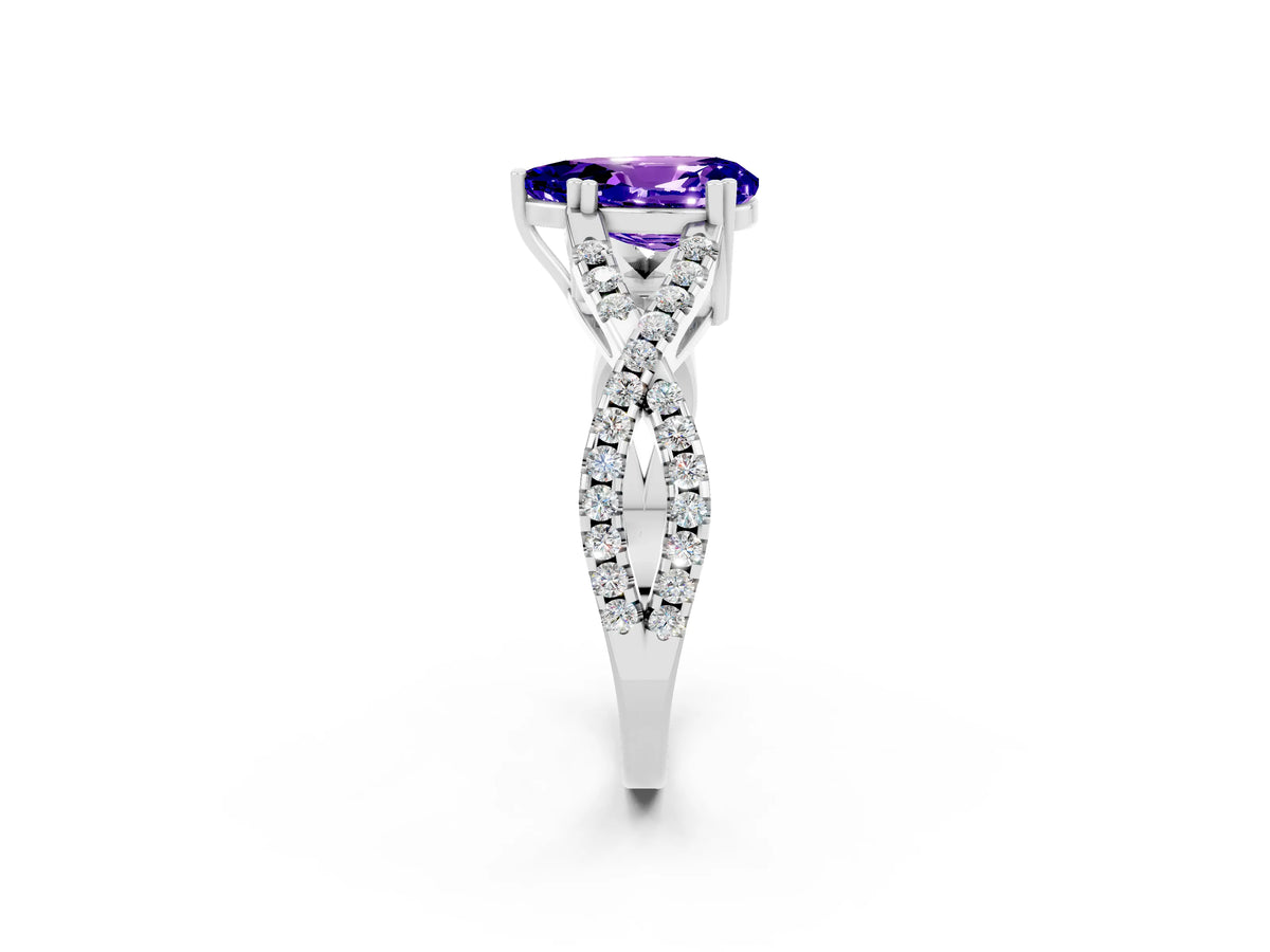 Pear Cut Tanzanite Solitaire Ring in White gold with Interwoven Pavé Band and Prong Setting_2