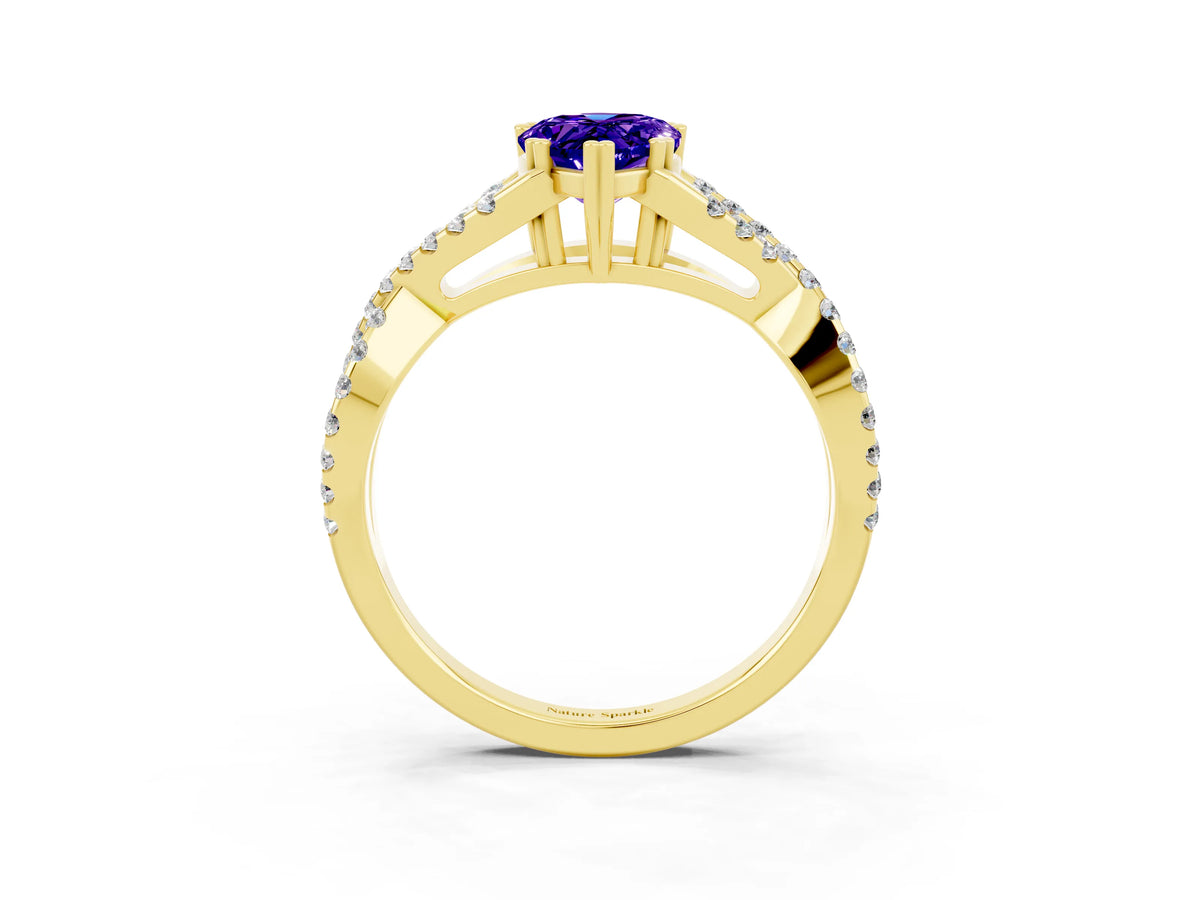Pear Cut Tanzanite Solitaire Ring in Yellow gold with Interwoven Pavé Band and Prong Setting_3