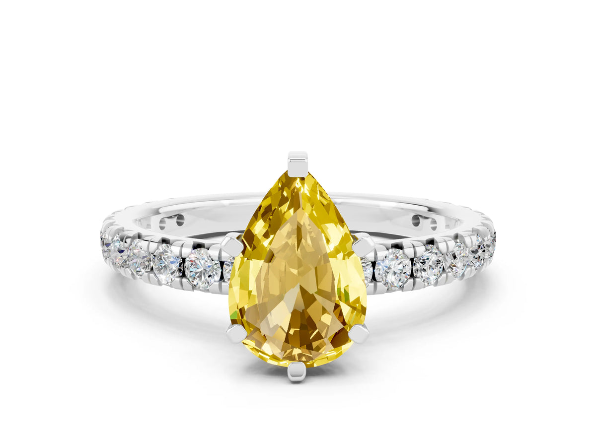 Pear Cut Yellow Sapphire Pavé Solitaire Ring in Platinum with Round Pavé Band and Prong Setting