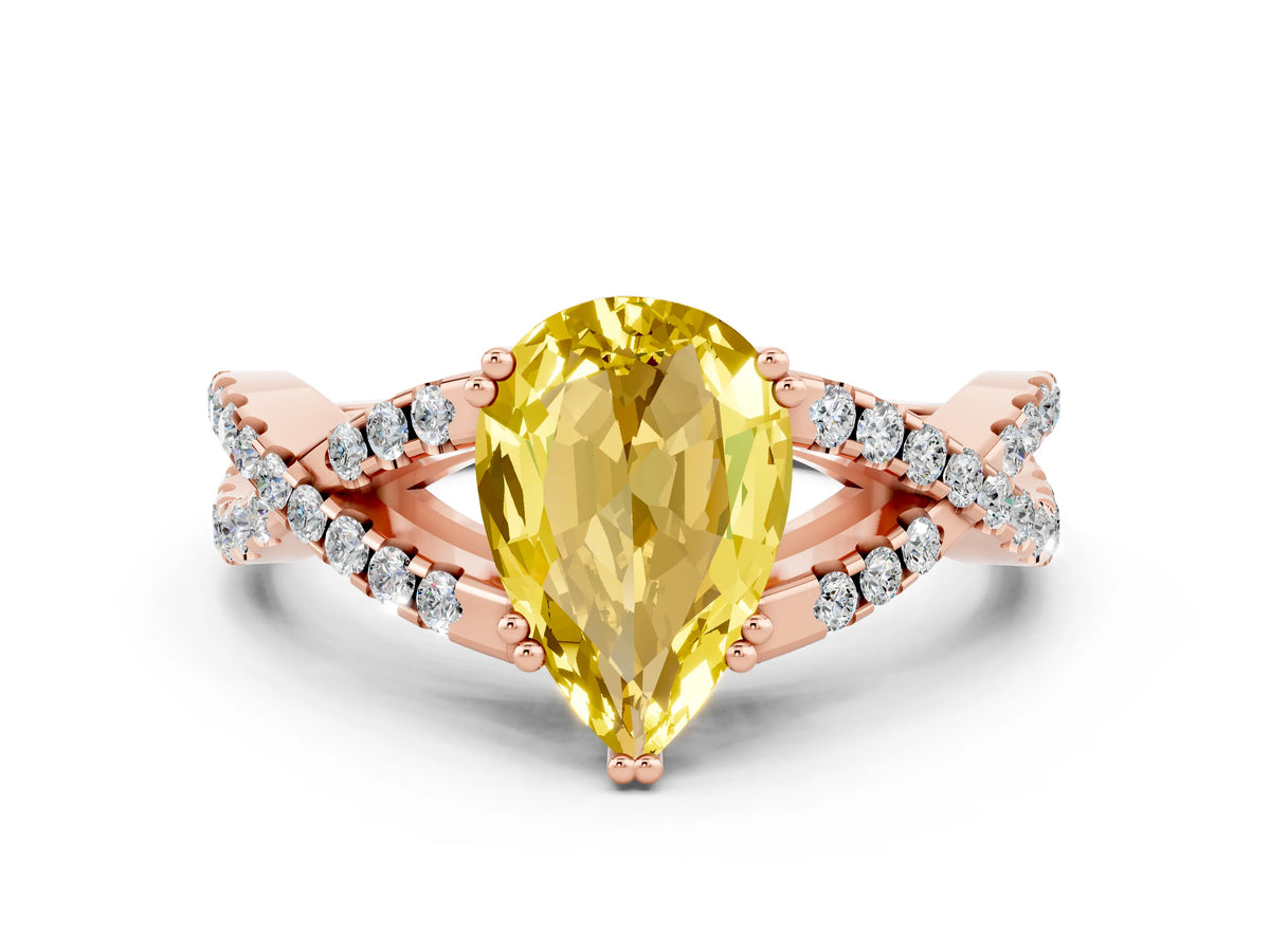 Pear Cut Yellow Sapphire Solitaire Ring in Rose gold with Interwoven Pavé Band and Prong Setting