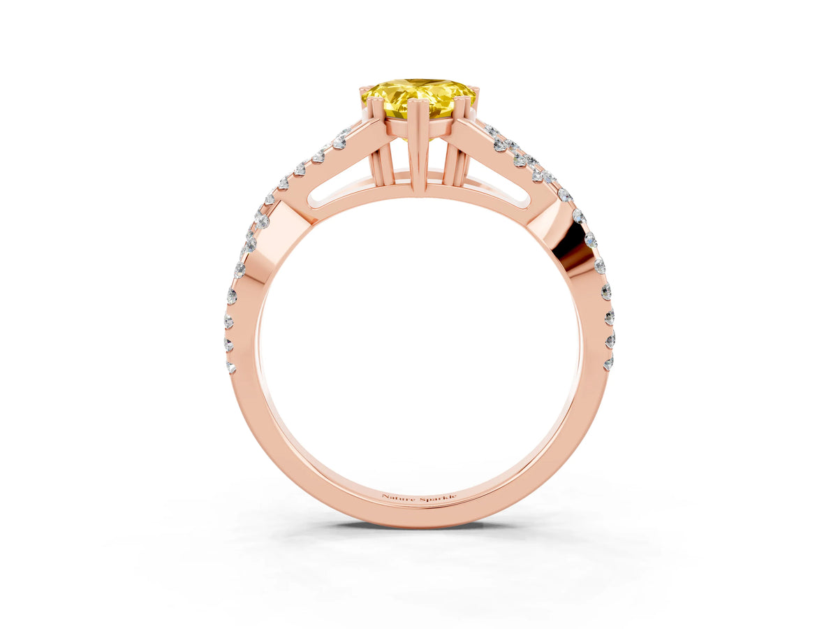 Pear Cut Yellow Sapphire Solitaire Ring in Rose gold with Interwoven Pavé Band and Prong Setting_3