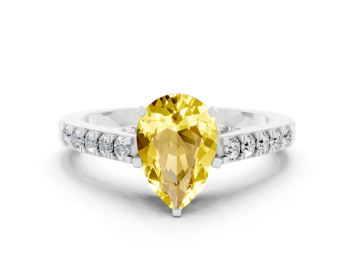 Pear Cut Yellow Sapphire Solitaire Ring in White gold with Crossover Gallery and Round Pavé Band
