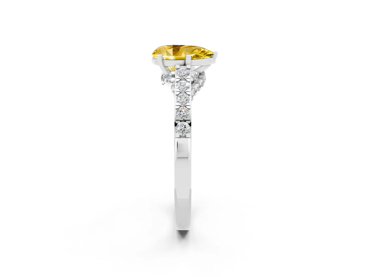 Pear Cut Yellow Sapphire Solitaire Ring in White gold with Crossover Gallery and Round Pavé Band_2
