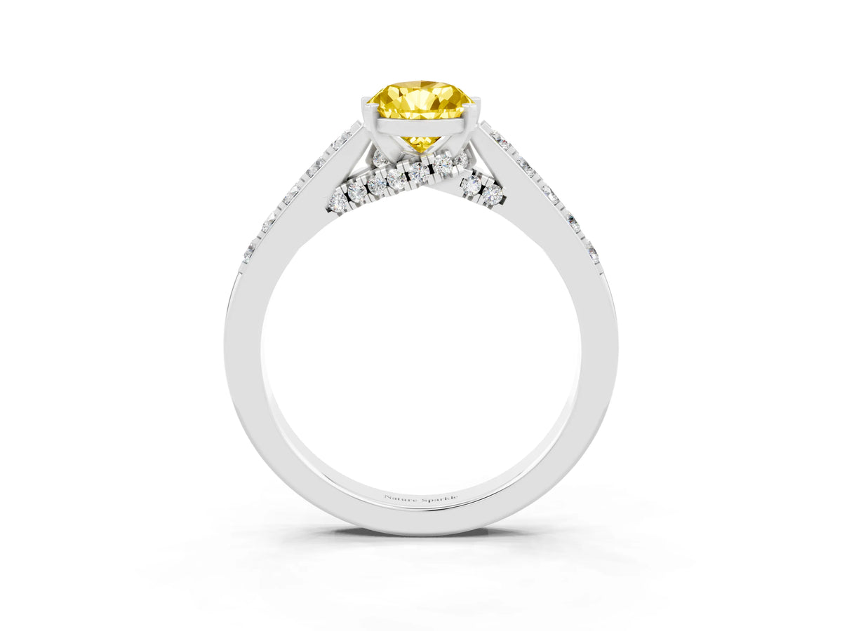 Pear Cut Yellow Sapphire Solitaire Ring in White gold with Crossover Gallery and Round Pavé Band_3