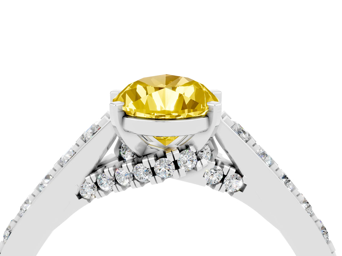 Pear Cut Yellow Sapphire Solitaire Ring in White gold with Crossover Gallery and Round Pavé Band_4