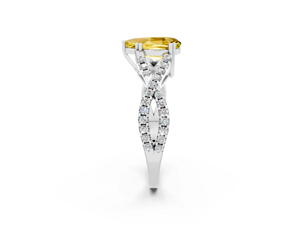 Pear Cut Yellow Sapphire Solitaire Ring in White gold with Interwoven Pavé Band and Prong Setting_2