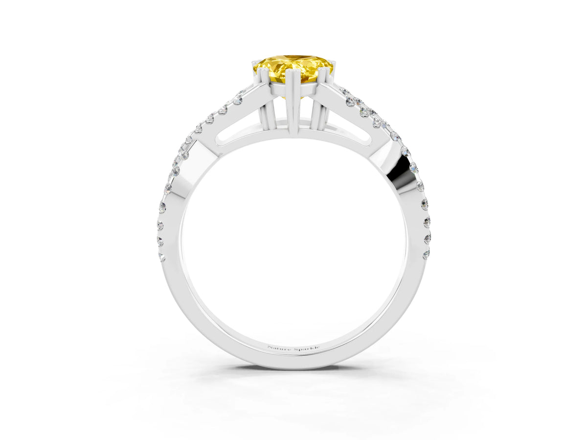 Pear Cut Yellow Sapphire Solitaire Ring in White gold with Interwoven Pavé Band and Prong Setting_3