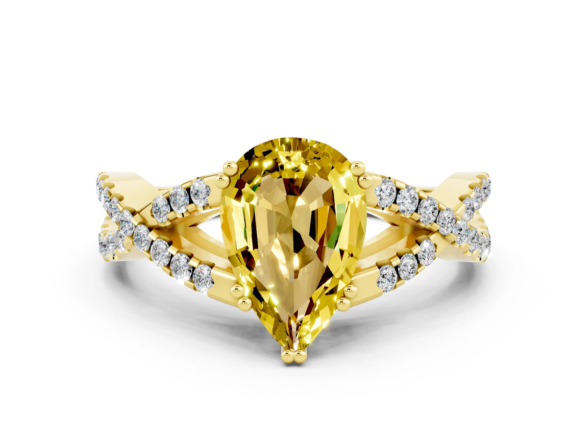Pear Cut Yellow Sapphire Solitaire Ring in Yellow gold with Interwoven Pavé Band and Prong Setting