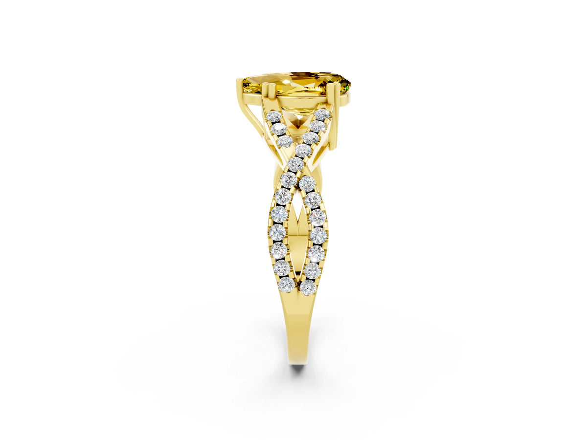 Pear Cut Yellow Sapphire Solitaire Ring in Yellow gold with Interwoven Pavé Band and Prong Setting_2