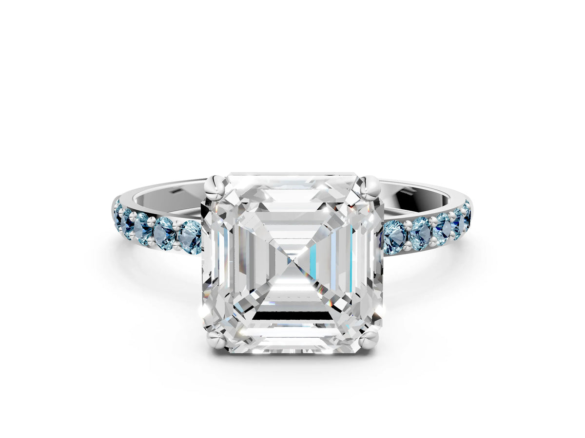 Platinum Asscher Cut Diamond Solitaire Ring with Round Aquamarine Pavé Band and Prong Setting_12