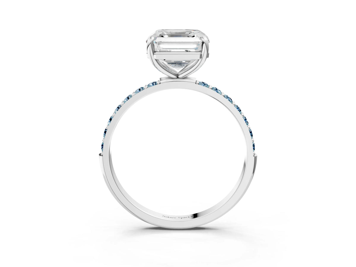 Platinum Asscher Cut Diamond Solitaire Ring with Round Aquamarine Pavé Band and Prong Setting_15