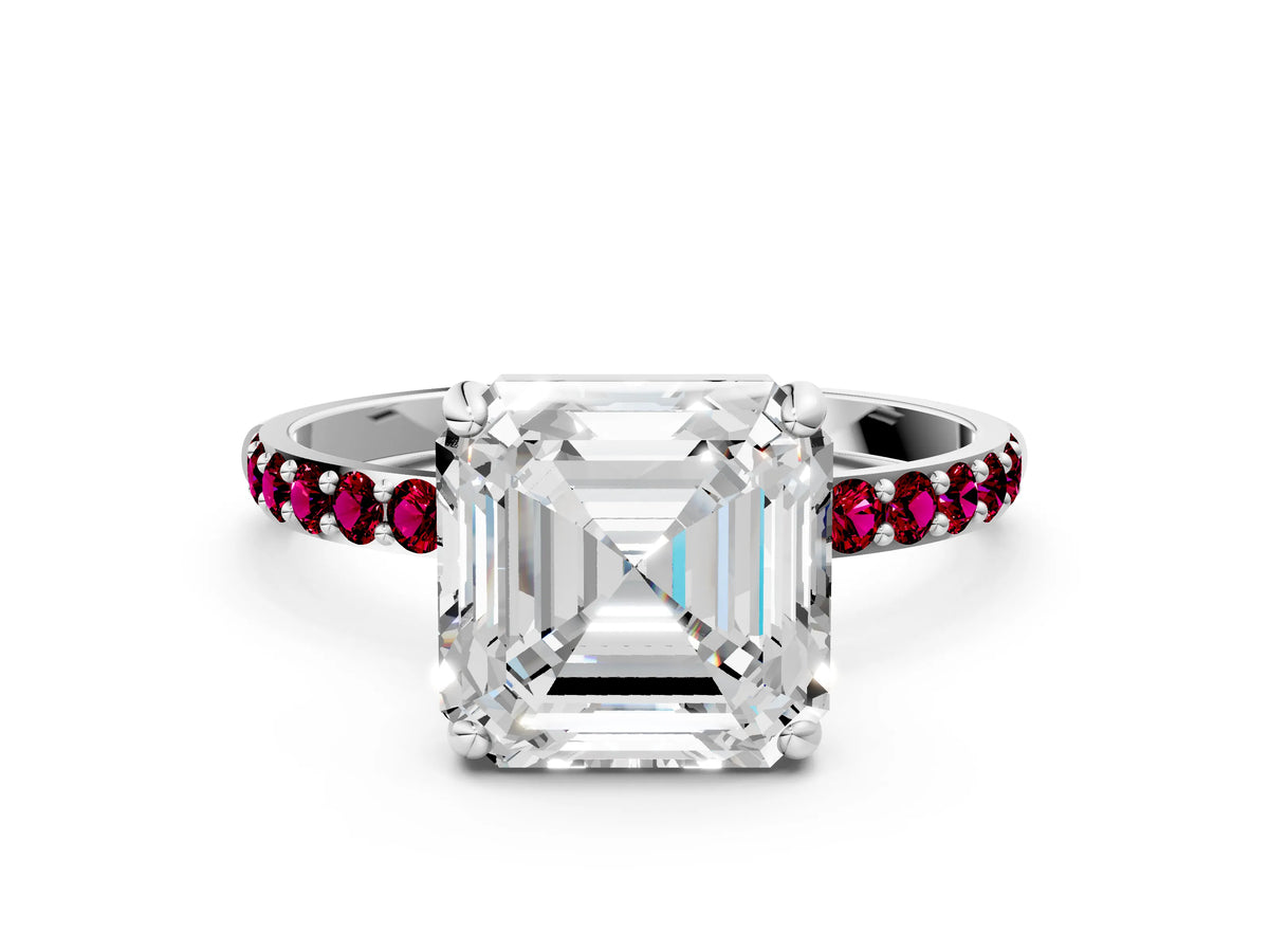 Platinum Asscher Cut Diamond Solitaire Ring with Round Garnet Pavé Band and Prong Setting_12