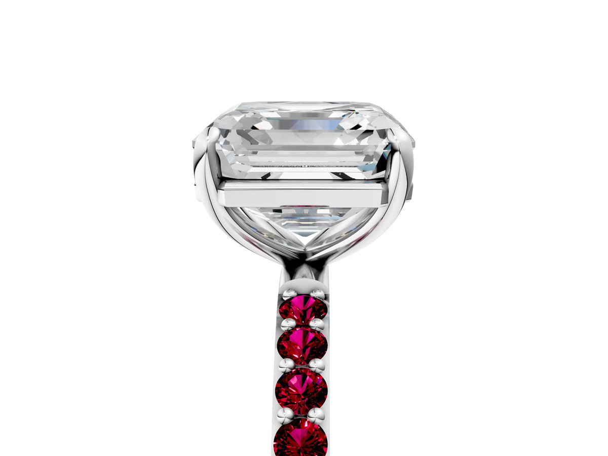 Platinum Asscher Cut Diamond Solitaire Ring with Round Garnet Pavé Band and Prong Setting_17