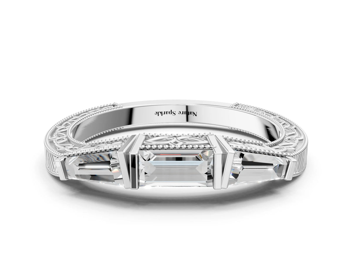 Platinum Baguette Cut Channel Set Milgrain Band with V-Prong Setting_6