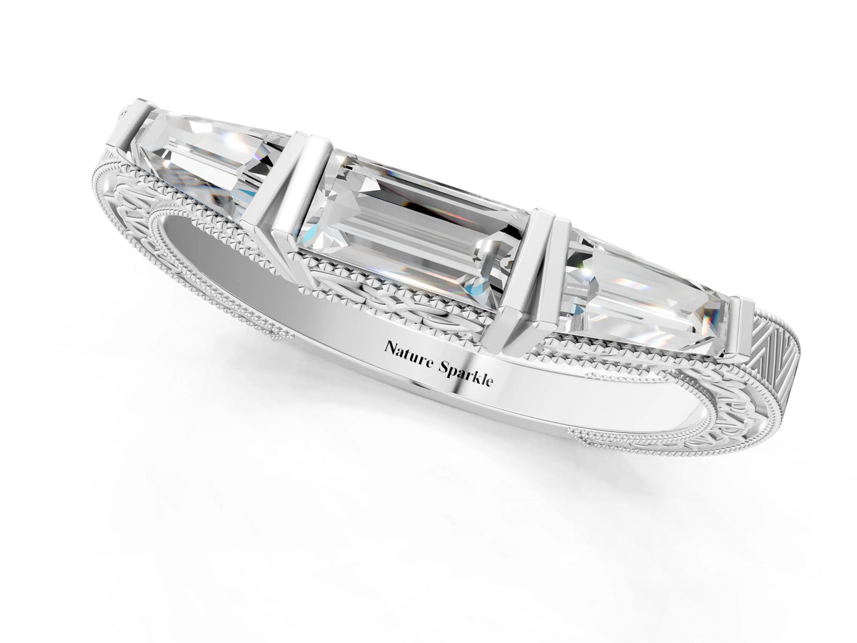 Platinum Baguette Cut Channel Set Milgrain Band with V-Prong Setting_7