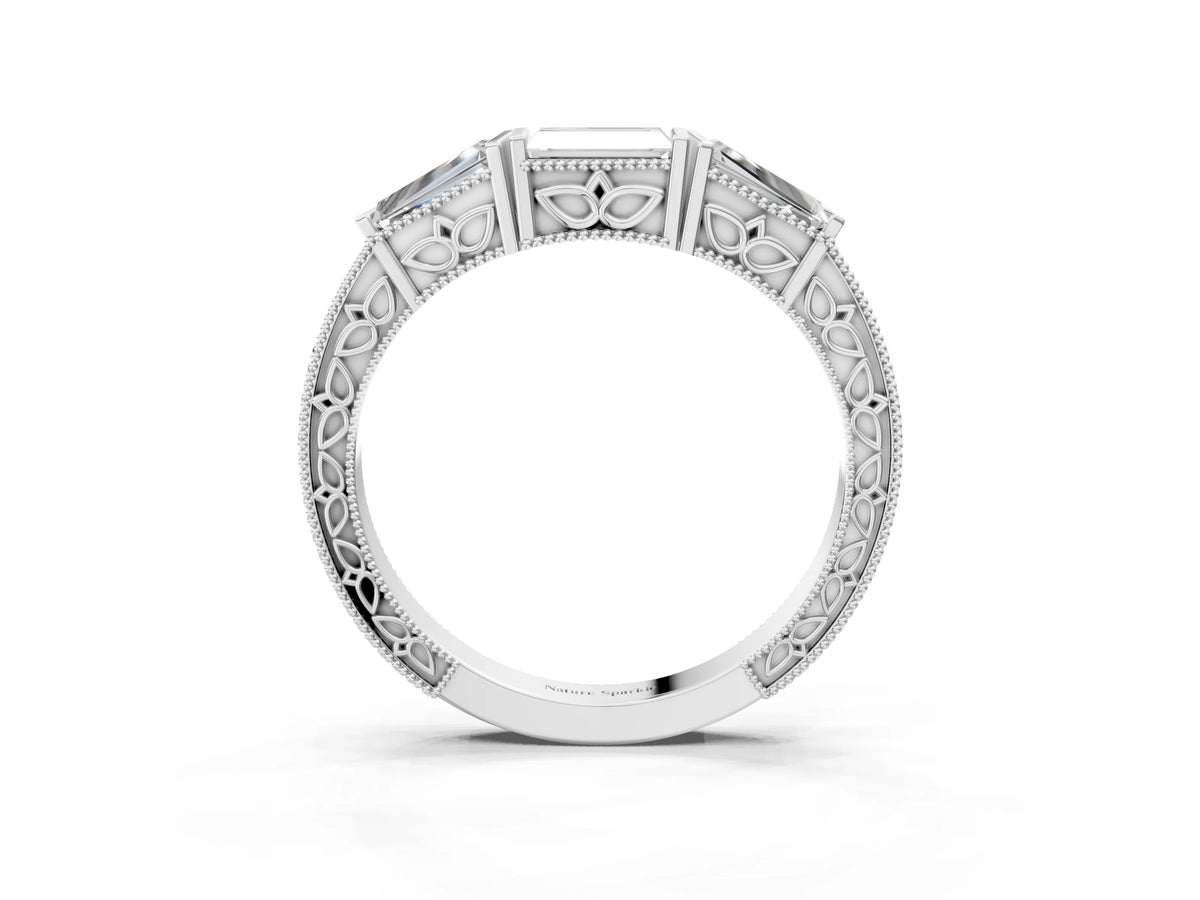 Platinum Baguette Cut Channel Set Milgrain Band with V-Prong Setting_9