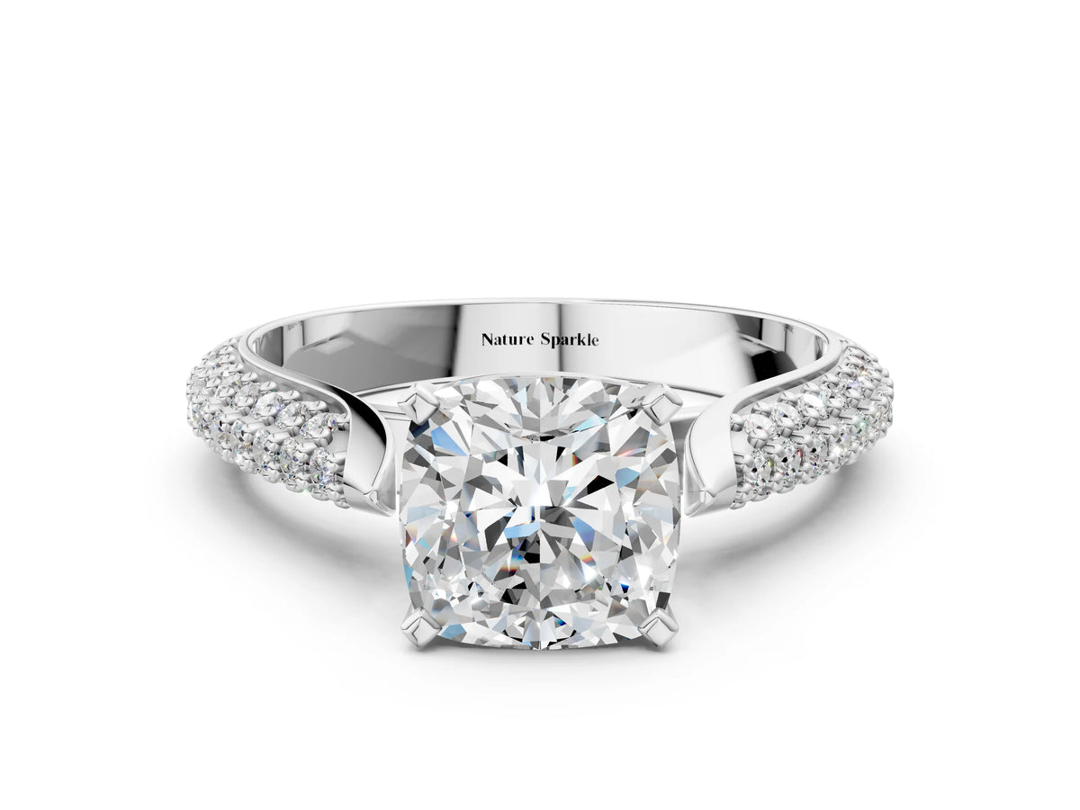 Platinum Cushion Cut Diamond Solitaire Engagement Ring with Multi-Row Round Pavé Band and Prong Setting_12