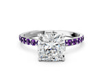 Platinum Cushion Cut Diamond Solitaire Ring with Round Amethyst Pavé Band and Prong Setting_12
