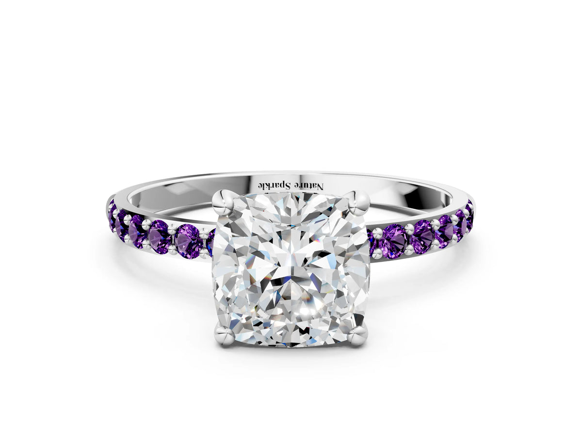 Platinum Cushion Cut Diamond Solitaire Ring with Round Amethyst Pavé Band and Prong Setting_12