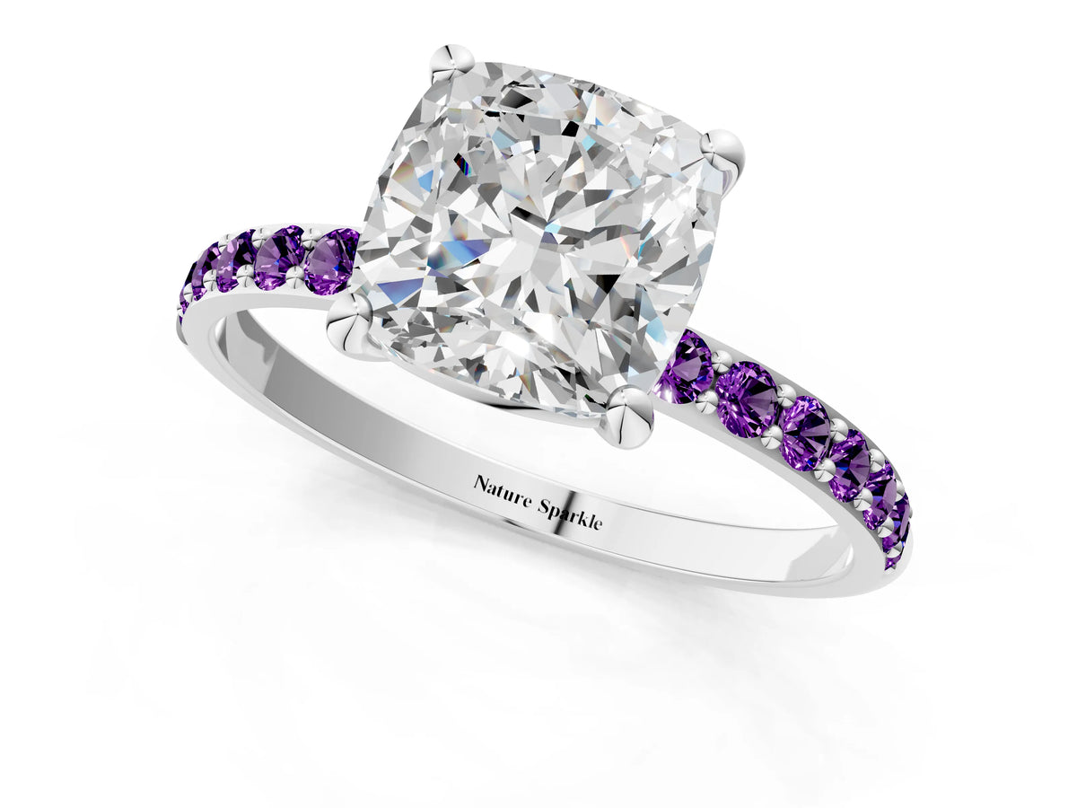 Platinum Cushion Cut Diamond Solitaire Ring with Round Amethyst Pavé Band and Prong Setting_13