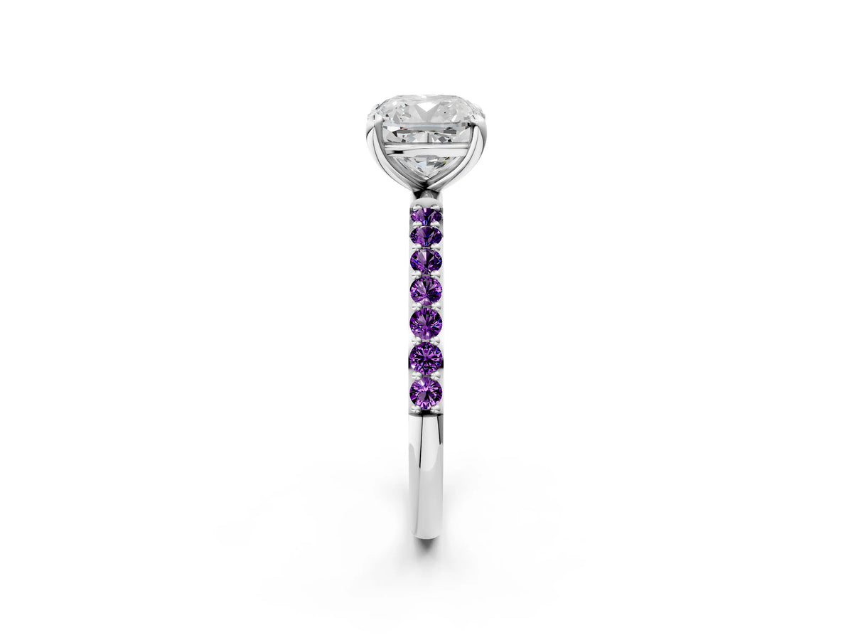 Platinum Cushion Cut Diamond Solitaire Ring with Round Amethyst Pavé Band and Prong Setting_14