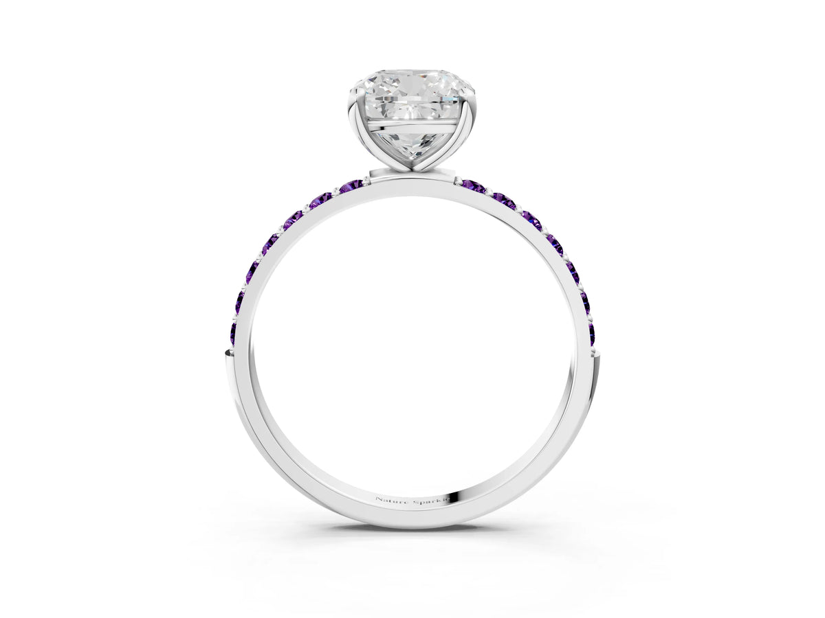 Platinum Cushion Cut Diamond Solitaire Ring with Round Amethyst Pavé Band and Prong Setting_15