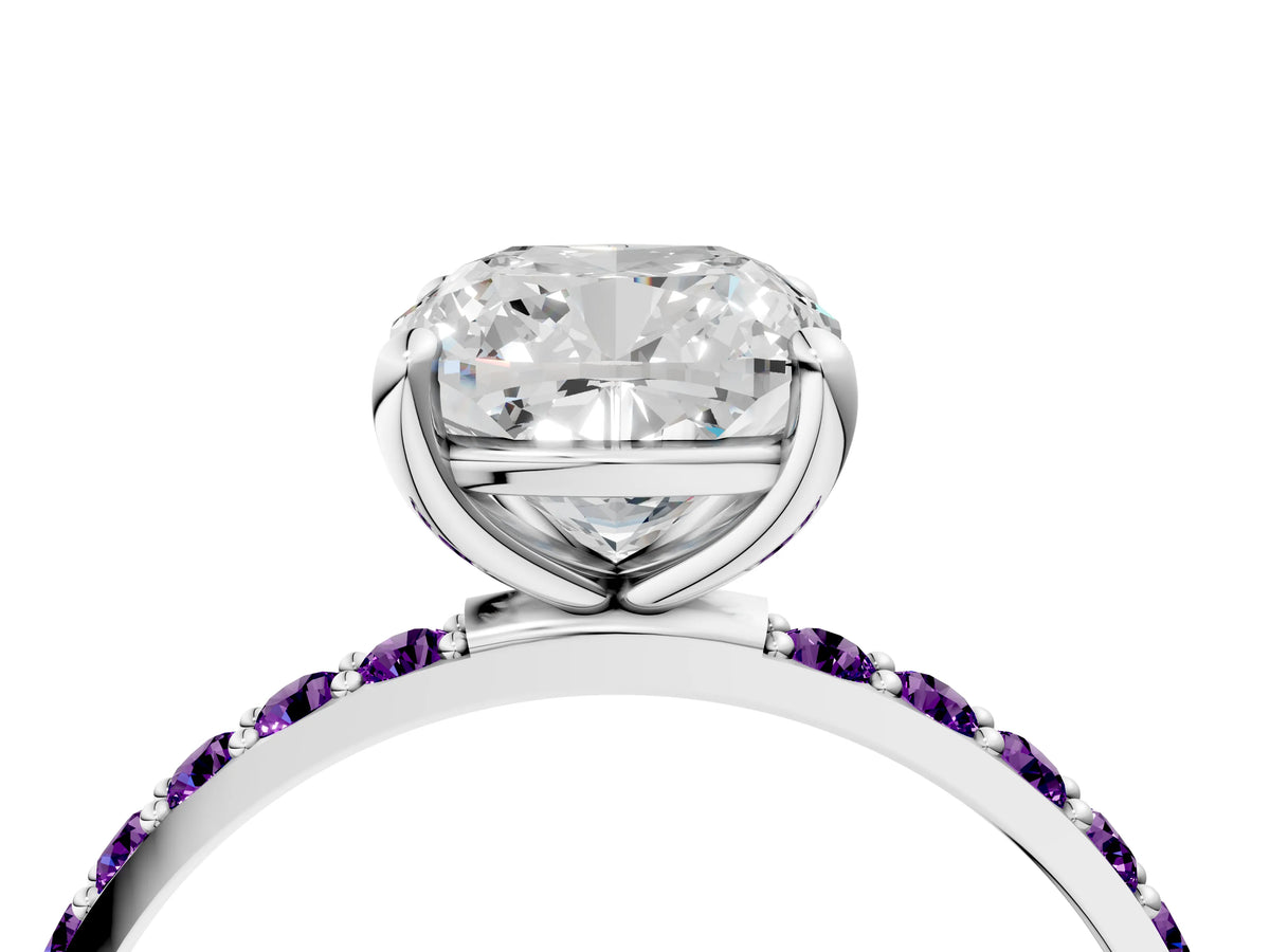 Platinum Cushion Cut Diamond Solitaire Ring with Round Amethyst Pavé Band and Prong Setting_16