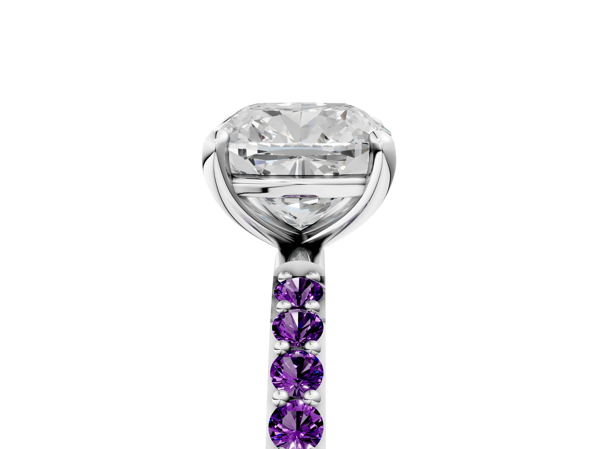 Platinum Cushion Cut Diamond Solitaire Ring with Round Amethyst Pavé Band and Prong Setting_17