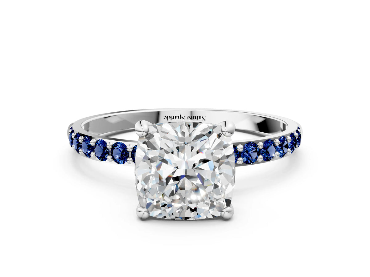 Platinum Cushion Cut Diamond Solitaire Ring with Round Blue Sapphire Pavé Band and Prong Setting_12