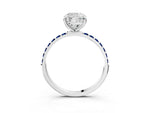 Platinum Cushion Cut Diamond Solitaire Ring with Round Blue Sapphire Pavé Band and Prong Setting_15