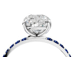 Platinum Cushion Cut Diamond Solitaire Ring with Round Blue Sapphire Pavé Band and Prong Setting_16
