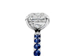Platinum Cushion Cut Diamond Solitaire Ring with Round Blue Sapphire Pavé Band and Prong Setting_17