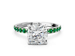 Platinum Cushion Cut Diamond Solitaire Ring with Round Emerald Pavé Band and Prong Setting_12