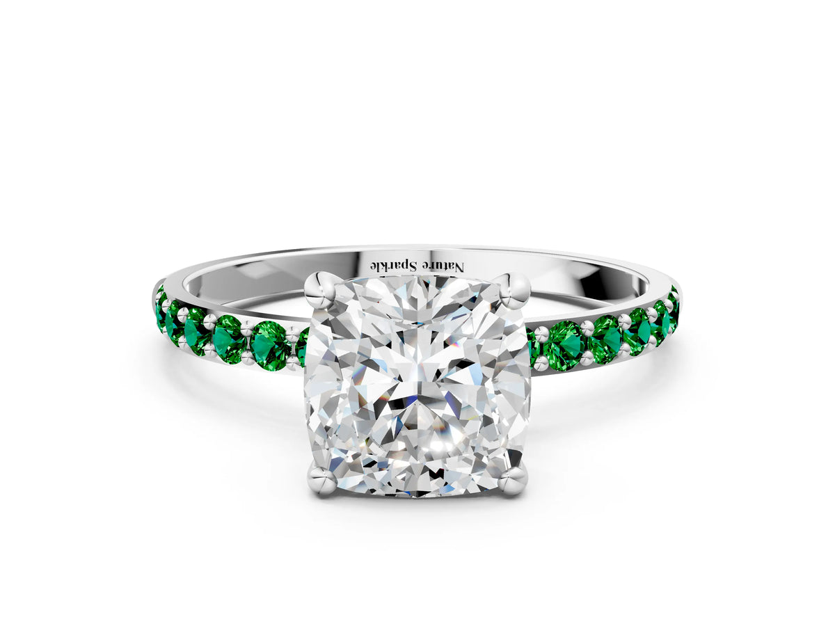 Platinum Cushion Cut Diamond Solitaire Ring with Round Emerald Pavé Band and Prong Setting_12