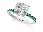 Platinum Cushion Cut Diamond Solitaire Ring with Round Emerald Pavé Band and Prong Setting_13