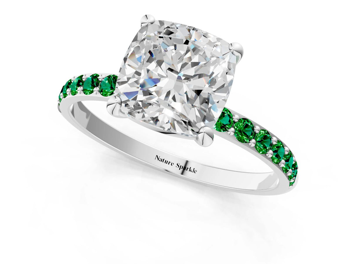 Platinum Cushion Cut Diamond Solitaire Ring with Round Emerald Pavé Band and Prong Setting_13