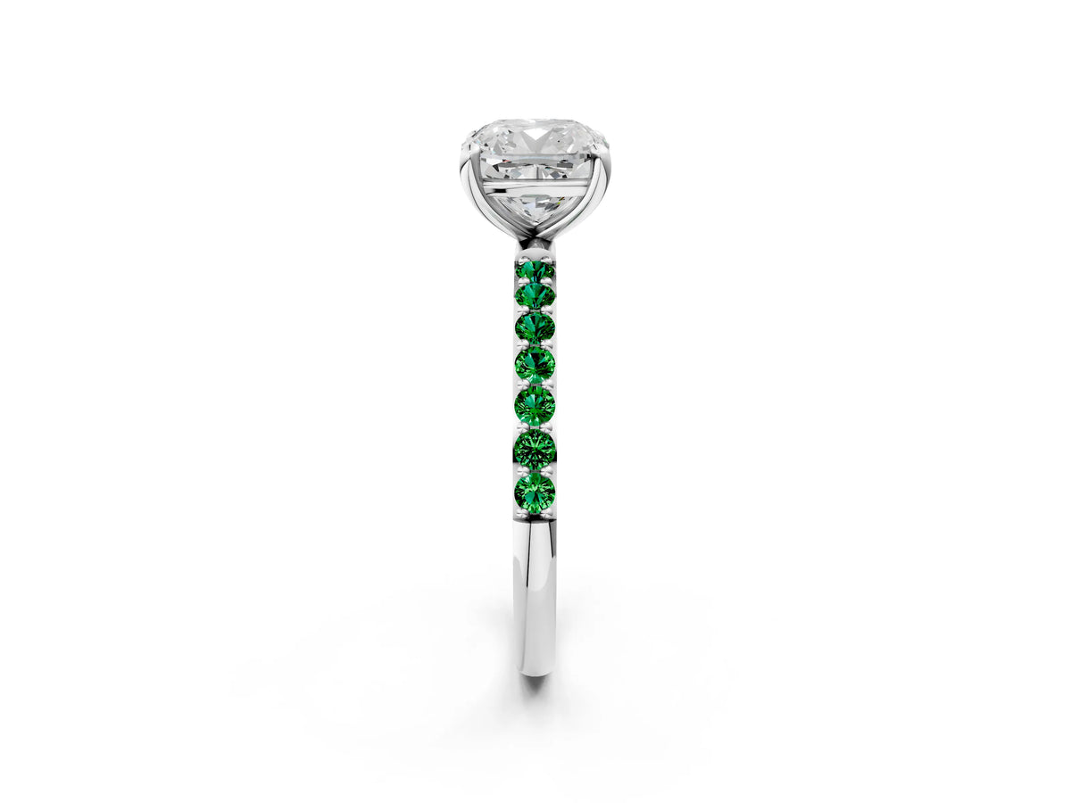 Platinum Cushion Cut Diamond Solitaire Ring with Round Emerald Pavé Band and Prong Setting_14