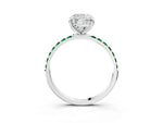 Platinum Cushion Cut Diamond Solitaire Ring with Round Emerald Pavé Band and Prong Setting_15