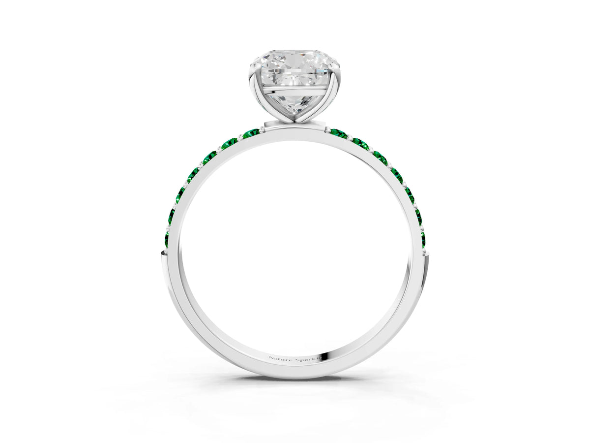Platinum Cushion Cut Diamond Solitaire Ring with Round Emerald Pavé Band and Prong Setting_15