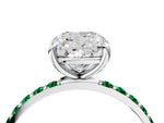 Platinum Cushion Cut Diamond Solitaire Ring with Round Emerald Pavé Band and Prong Setting_16