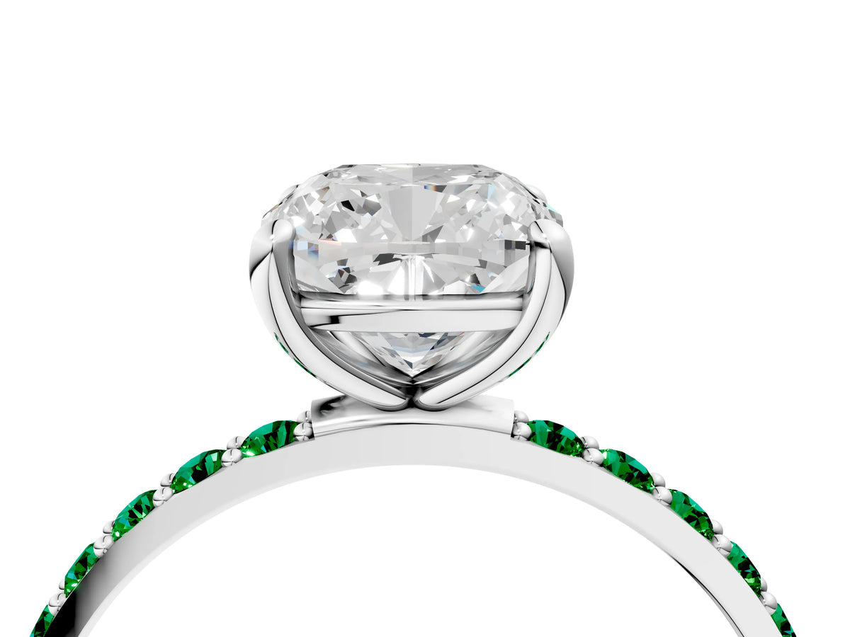 Platinum Cushion Cut Diamond Solitaire Ring with Round Emerald Pavé Band and Prong Setting_16