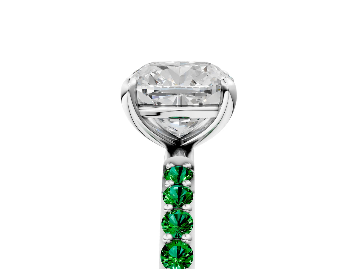Platinum Cushion Cut Diamond Solitaire Ring with Round Emerald Pavé Band and Prong Setting_17