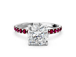 Platinum Cushion Cut Diamond Solitaire Ring with Round Garnet Pavé Band and Prong Setting_12