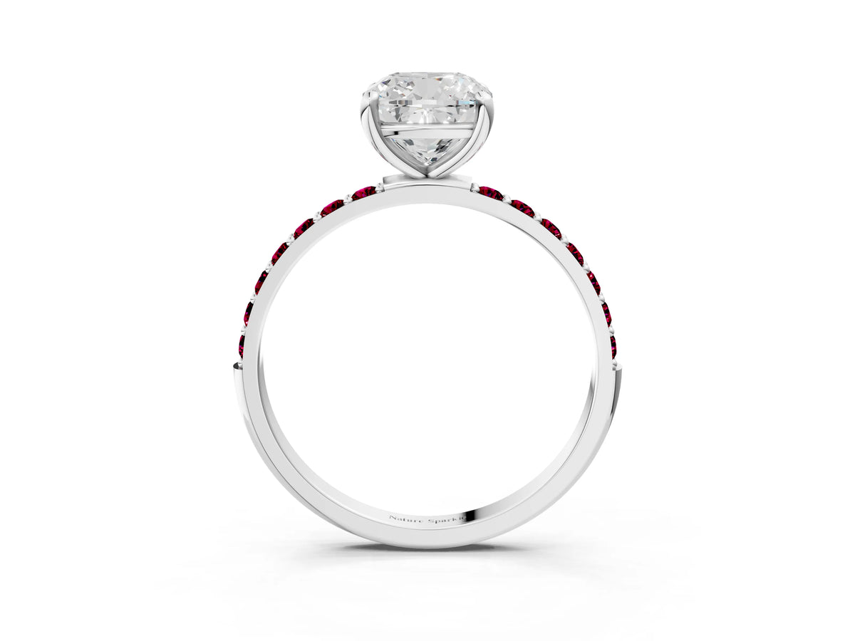 Platinum Cushion Cut Diamond Solitaire Ring with Round Garnet Pavé Band and Prong Setting_15