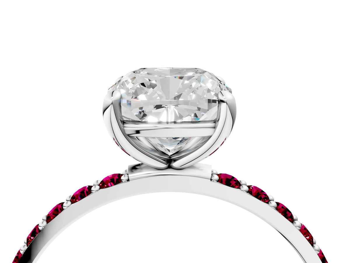 Platinum Cushion Cut Diamond Solitaire Ring with Round Garnet Pavé Band and Prong Setting_16