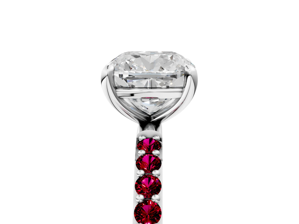 Platinum Cushion Cut Diamond Solitaire Ring with Round Garnet Pavé Band and Prong Setting_17