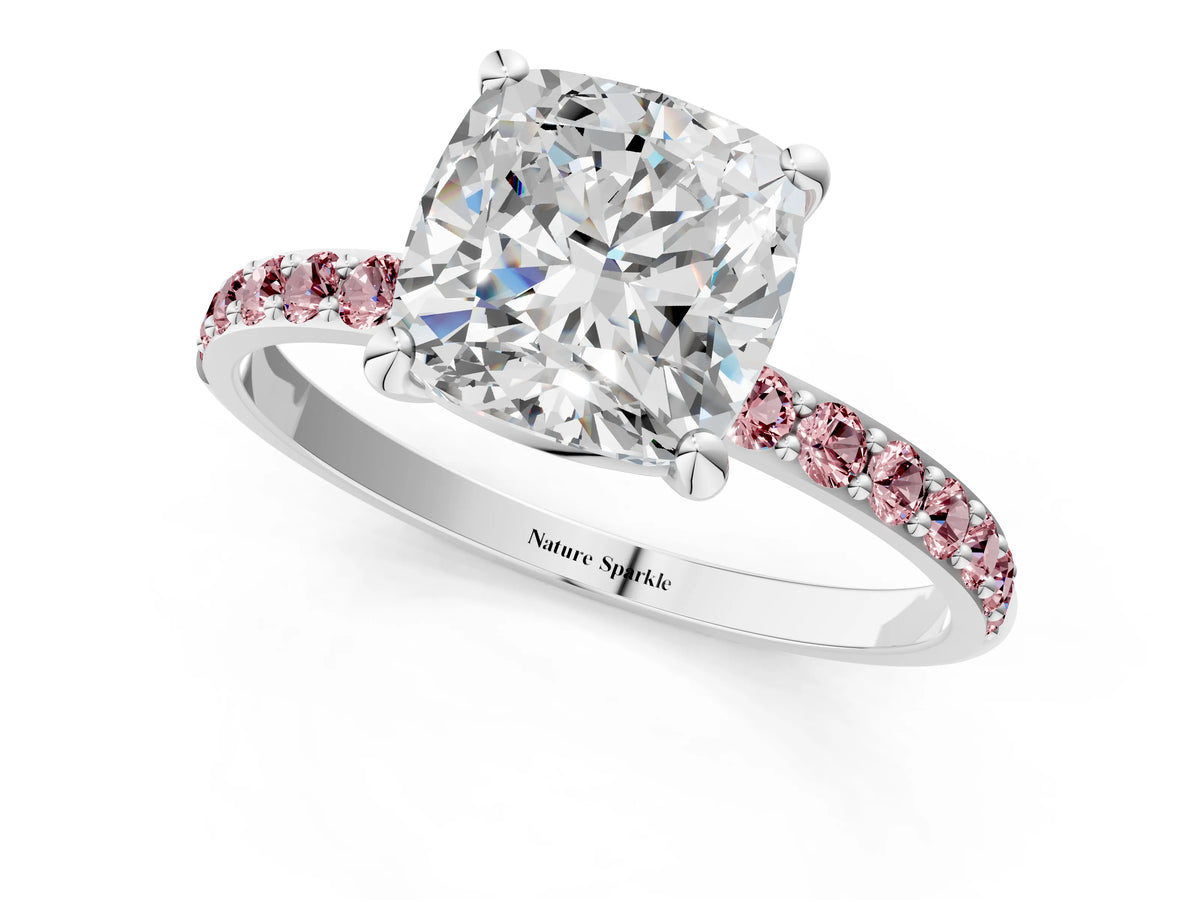 Platinum Cushion Cut Diamond Solitaire Ring with Round Morganite Pavé Band and Prong Setting_13