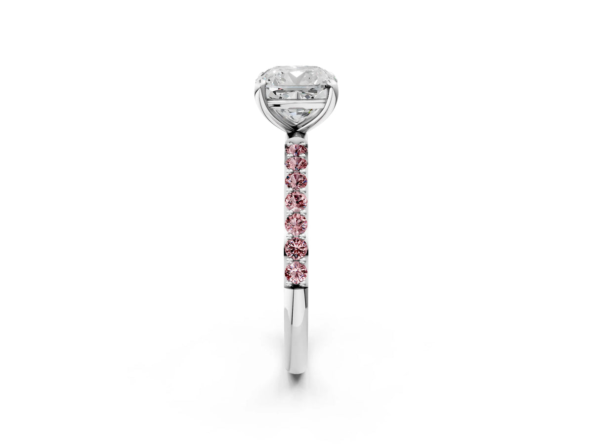 Platinum Cushion Cut Diamond Solitaire Ring with Round Morganite Pavé Band and Prong Setting_14