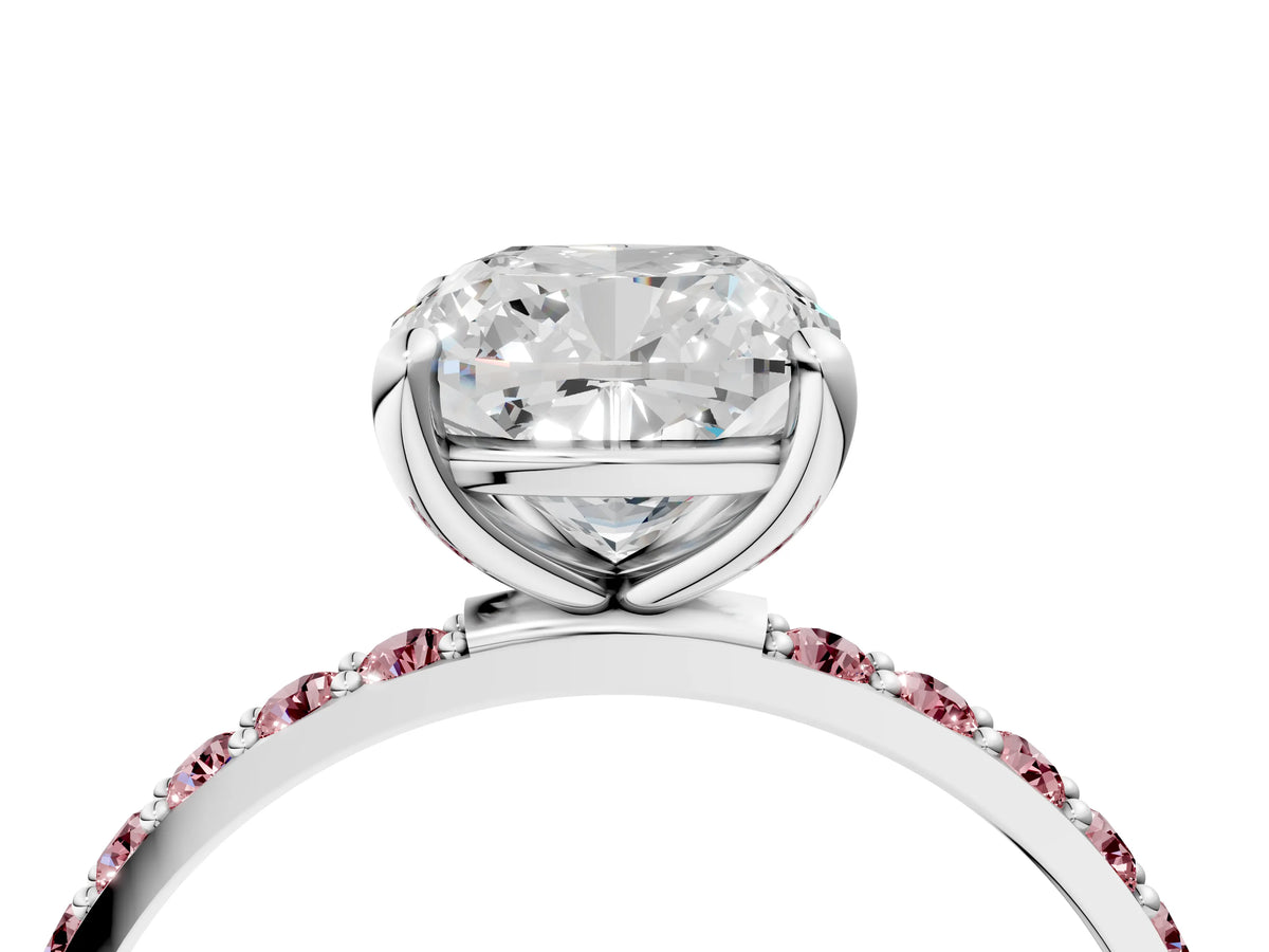 Platinum Cushion Cut Diamond Solitaire Ring with Round Morganite Pavé Band and Prong Setting_16
